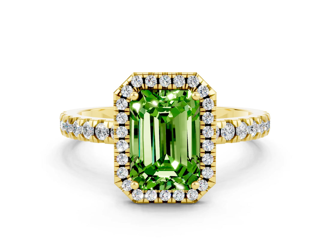 Yellow gold Emerald Cut Halo Diamond Pave Band with Prong Setting
