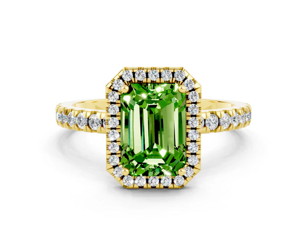 Yellow gold Emerald Cut Halo Diamond Pave Band with Prong Setting