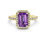 Yellow gold Emerald Cut Halo Diamond Pave Band with Prong Setting