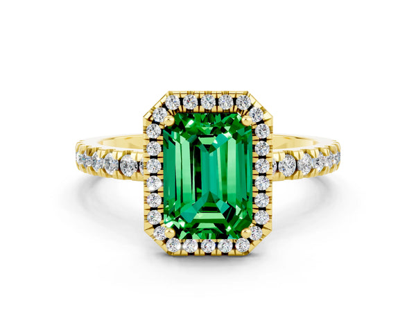 Yellow gold Emerald Cut Emerald Classic Halo Engagement Ring with Round Pavé Band and Prong Setting
