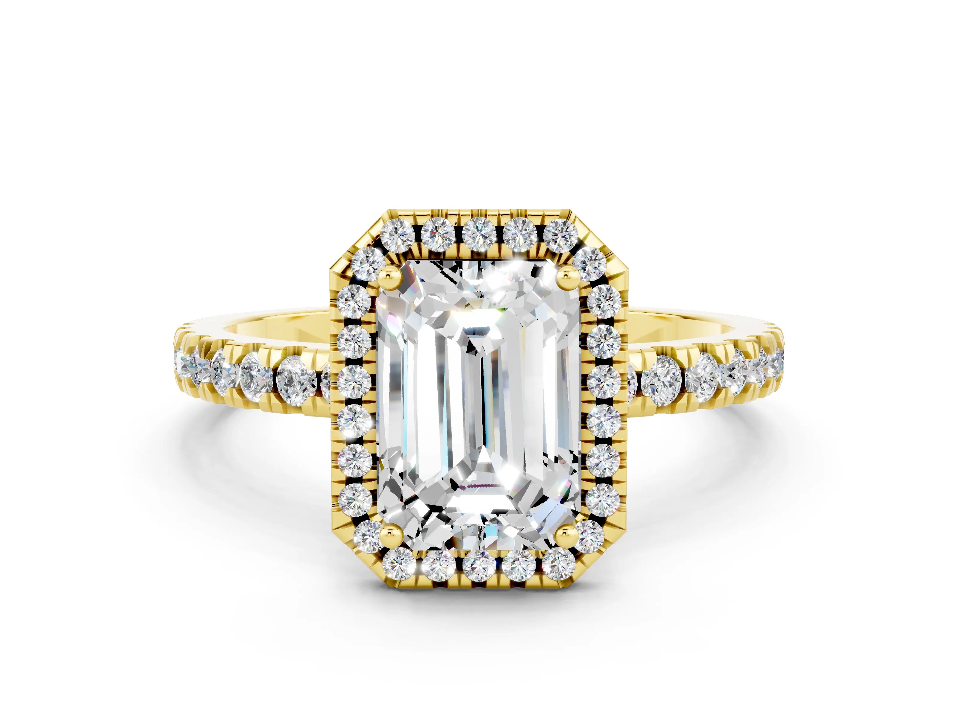 Yellow gold Emerald Cut Halo Diamond Pave Band with Prong Setting