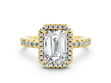 Yellow gold Emerald Cut Halo Diamond Pave Band with Prong Setting