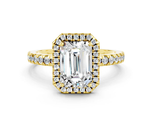 Yellow gold Emerald Cut Moissanite Classic Halo Engagement Ring with Round Pavé Band and Prong Setting