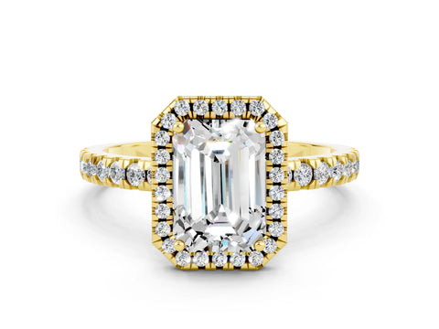 Yellow gold Emerald Cut Halo Diamond Pave Band with Prong Setting