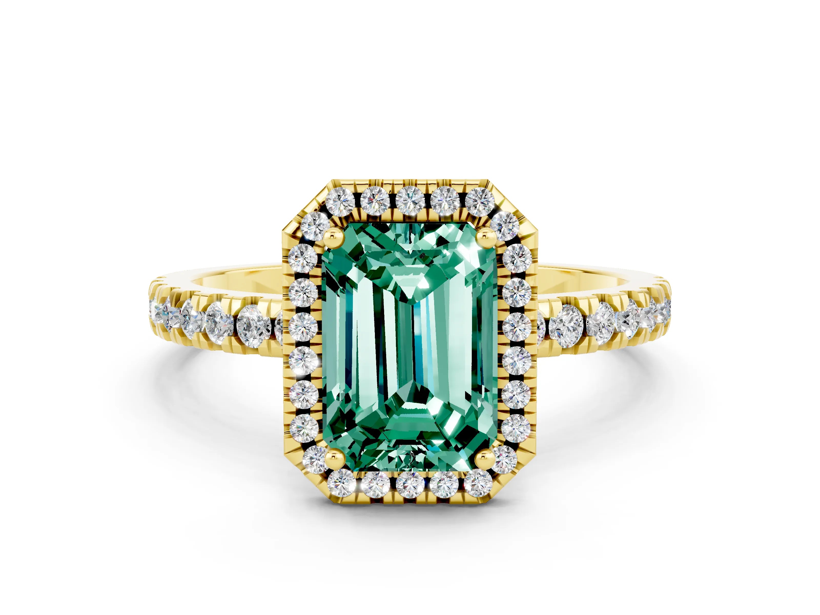 Yellow gold Emerald Cut Halo Diamond Pave Band with Prong Setting