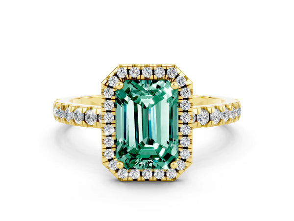Yellow gold Emerald Cut Green Sapphire Classic Halo Engagement Ring with Round Pavé Band and Prong Setting