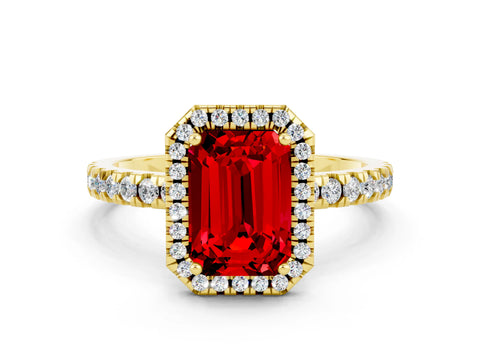 Yellow gold Emerald Cut Halo Diamond Pave Band with Prong Setting