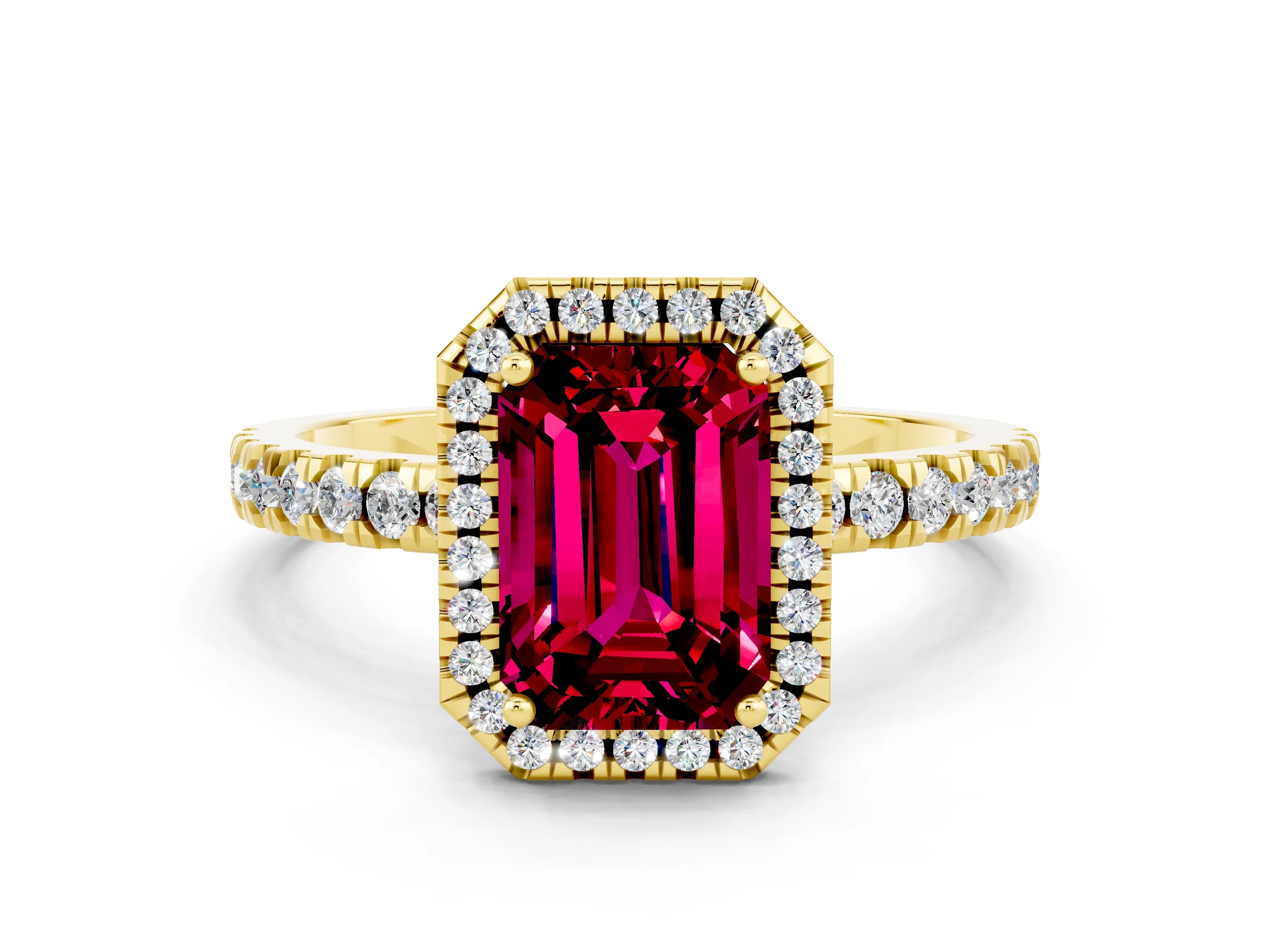 Yellow gold Emerald Cut Halo Diamond Pave Band with Prong Setting
