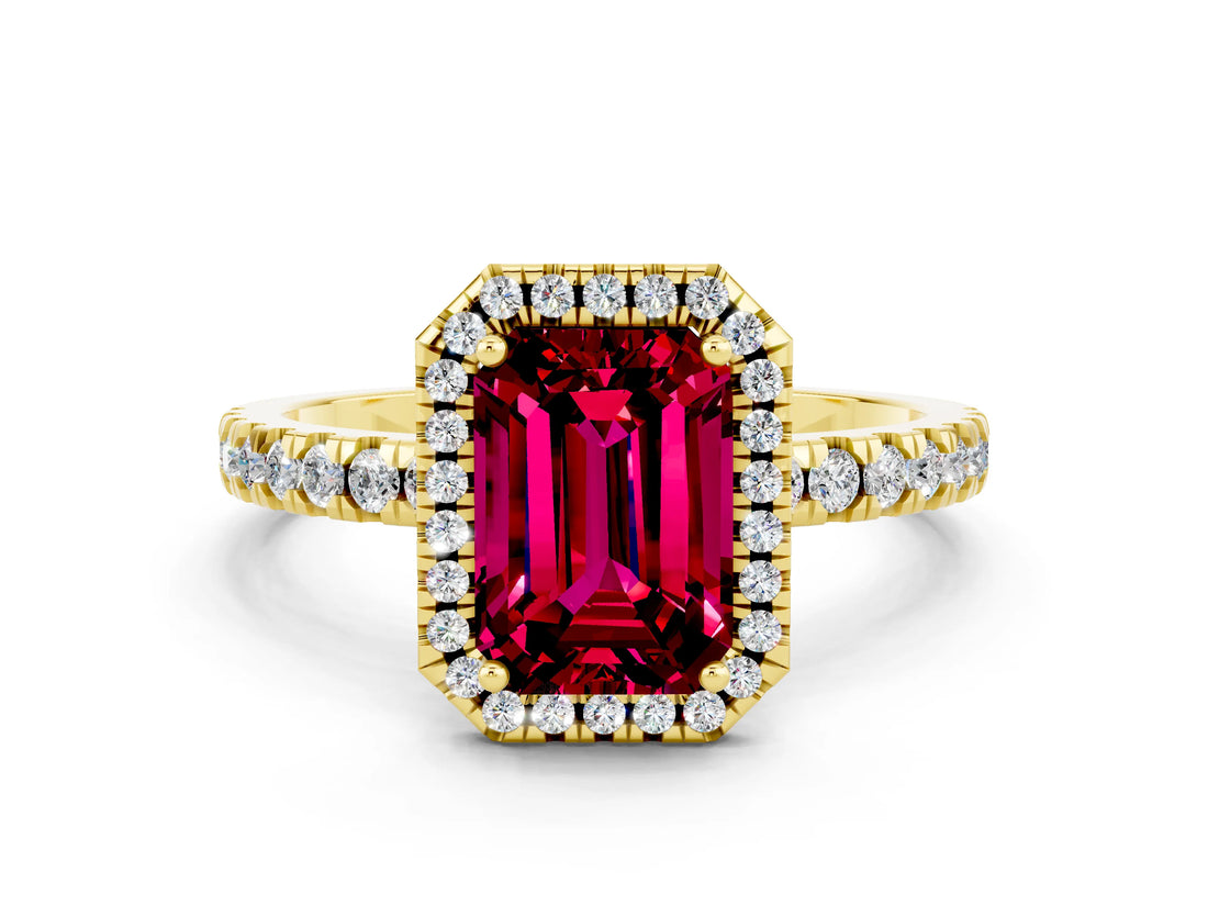 Yellow gold Emerald Cut Halo Diamond Pave Band with Prong Setting