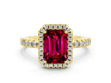 Yellow gold Emerald Cut Halo Diamond Pave Band with Prong Setting