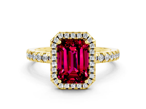 Yellow gold Emerald Cut Garnet Classic Halo Engagement Ring with Round Pavé Band and Prong Setting