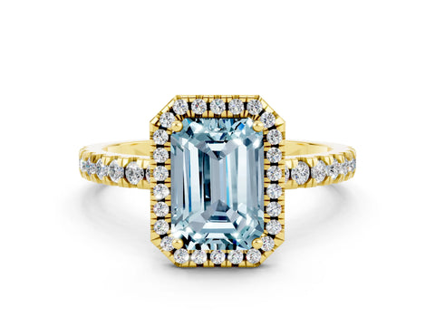Yellow gold Emerald Cut Halo Diamond Pave Band with Prong Setting