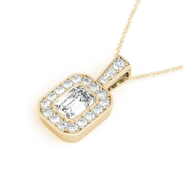 Yellow gold Emerald Cut Halo Diamond Pendant with Pavé Setting 1