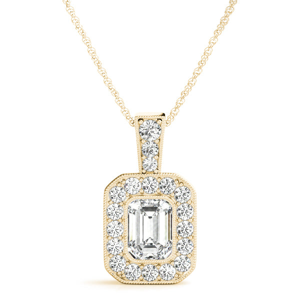 Yellow gold Emerald Cut Halo Diamond Pendant with Pavé Setting