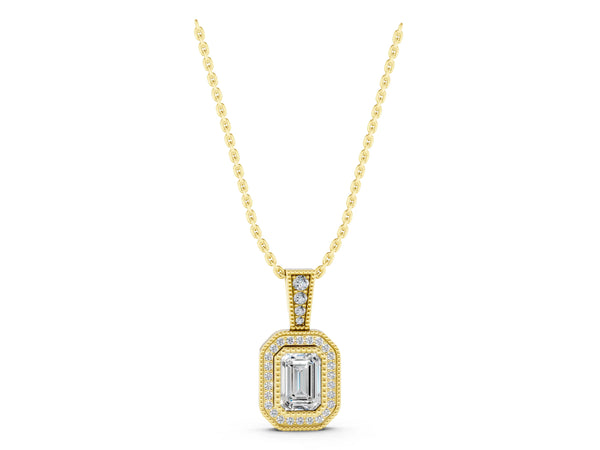 Yellow gold Emerald Cut Halo Diamond Pendant with Pavé Setting