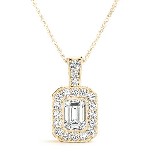 Yellow gold Emerald Cut Halo Diamond Pendant with Pavé Setting