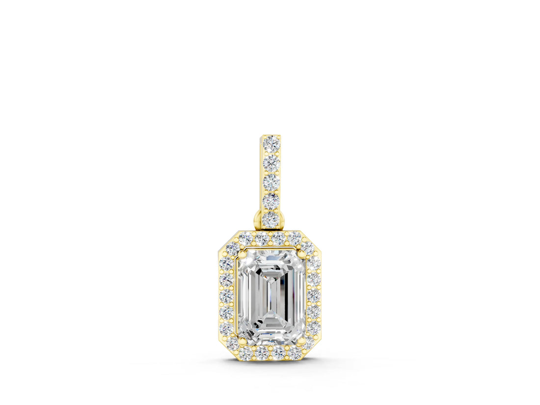 Yellow gold Emerald Cut Halo Diamond Pendant with Prong Setting