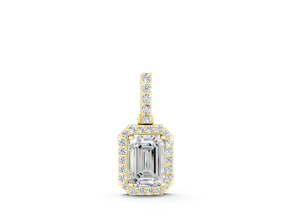 Yellow gold Emerald Cut Halo Diamond Pendant with Prong Setting