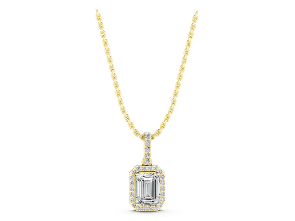 Yellow gold Emerald Cut Halo Diamond Pendant with Prong Setting