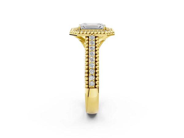 Yellow Gold Emerald Cut Beaded Halo Engagement Ring Setting with Pave