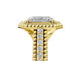 Yellow gold Emerald Cut Halo Diamond Ring with Beaded Split Shank and Four-Prong Setting_14