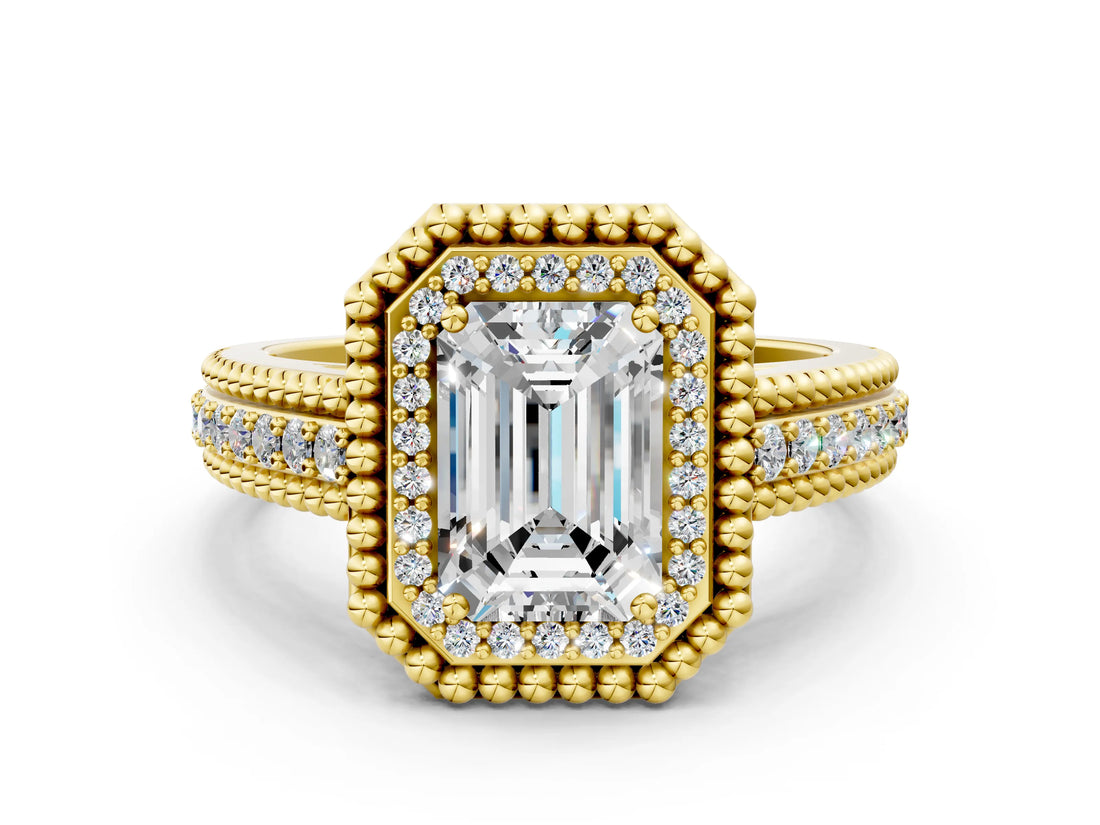 Yellow gold Emerald Cut Halo Diamond Ring with Beaded Split Shank and Four-Prong Setting_9