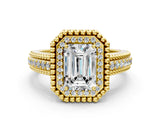Yellow gold Emerald Cut Halo Diamond Ring with Beaded Split Shank and Four-Prong Setting_9