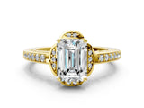 Yellow gold Emerald Cut Halo Diamond Ring with Channel Set Band and Four-Prong Setting_32