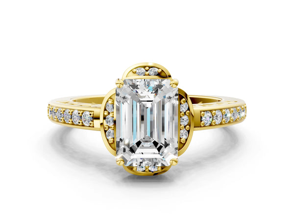 Yellow gold Emerald Cut Halo Diamond Ring with Channel Set Band and Four-Prong Setting