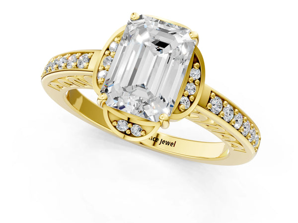 Yellow gold Emerald Cut Halo Diamond Ring with Channel Set Band and Four-Prong Setting
