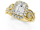 Yellow gold Emerald Cut Halo Diamond Ring with Milgrain and Bezel Accents on a Split Shank Band_16