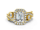 Yellow gold Emerald Cut Halo Diamond Ring with Milgrain and Bezel Accents on a Split Shank Band_16