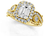 Yellow gold Emerald Cut Halo Diamond Ring with Milgrain and Bezel Accents on a Split Shank Band_17