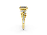 Yellow gold Emerald Cut Halo Diamond Ring with Milgrain and Bezel Accents on a Split Shank Band_18