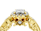 Yellow gold Emerald Cut Halo Diamond Ring with Milgrain and Bezel Accents on a Split Shank Band_20