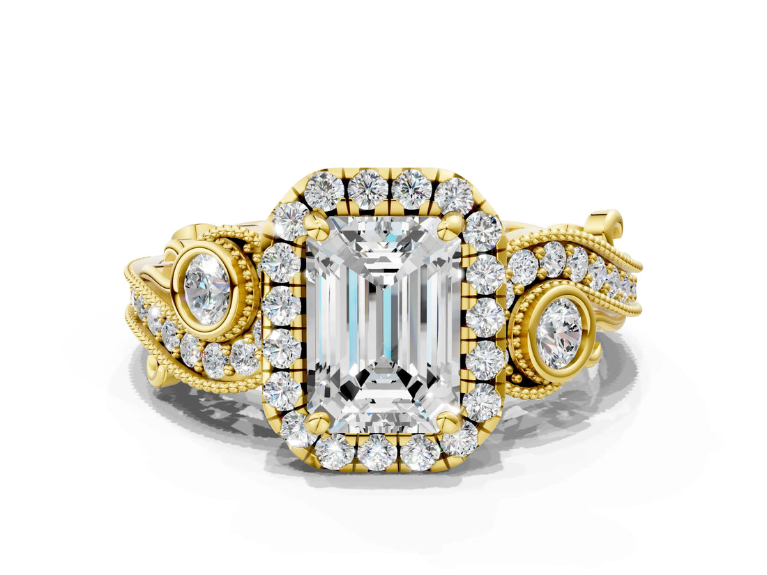 Yellow gold Emerald Cut Halo Diamond Ring with Milgrain and Bezel Accents on a Split Shank Band_27