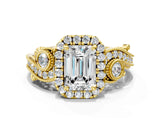 Yellow gold Emerald Cut Halo Diamond Ring with Milgrain and Bezel Accents on a Split Shank Band_27