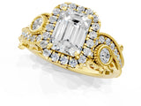 Yellow gold Emerald Cut Halo Diamond Ring with Milgrain and Bezel Accents on a Split Shank Band_28