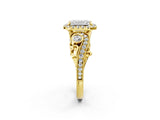Yellow gold Emerald Cut Halo Diamond Ring with Milgrain and Bezel Accents on a Split Shank Band_29