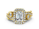 Yellow gold Emerald Cut Halo Diamond Ring with Milgrain and Bezel Accents on a Split Shank Band_3