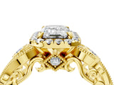 Yellow gold Emerald Cut Halo Diamond Ring with Milgrain and Bezel Accents on a Split Shank Band_31