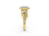 Yellow gold Emerald Cut Halo Diamond Ring with Milgrain and Bezel Accents on a Split Shank Band_5