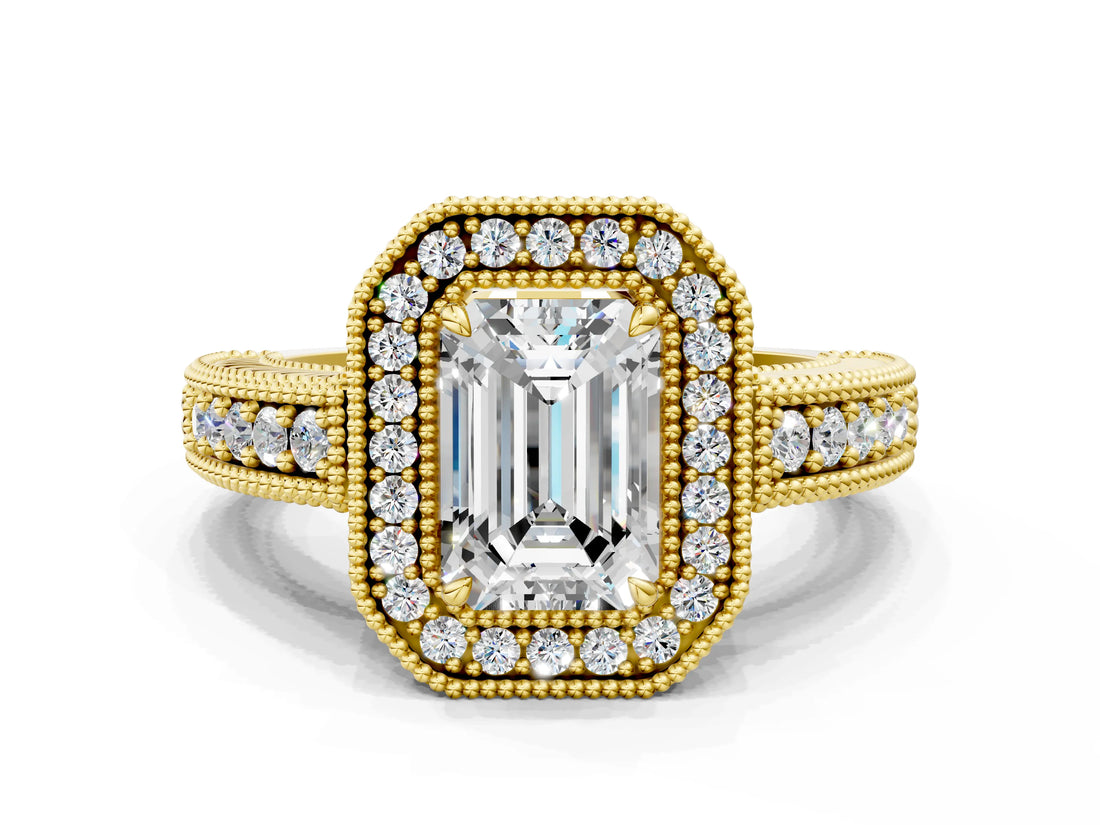 Yellow gold Emerald Cut Halo Diamond Ring with Pavé Band and Four-Prong Setting_58