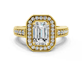 Yellow gold Emerald Cut Halo Diamond Ring with Pavé Band and Four-Prong Setting_58