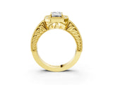 Yellow gold Emerald Cut Halo Diamond Ring with Pavé Band and Four-Prong Setting_61