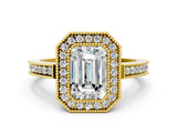 Yellow gold Emerald Cut Halo Diamond Ring with Pavé Band and Milgrain Prong Setting_44