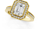 Yellow gold Emerald Cut Halo Diamond Ring with Pavé Band and Milgrain Prong Setting_45