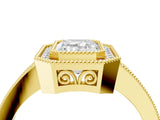 Yellow gold Emerald Cut Halo Diamond Ring with Pavé Band and Milgrain Prong Setting_48