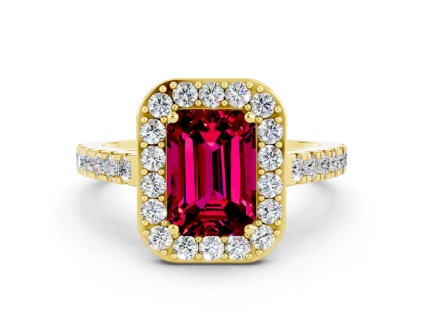 Yellow gold Emerald Cut Garnet Halo Ring with Round Pavé Split Shank and Prong Setting