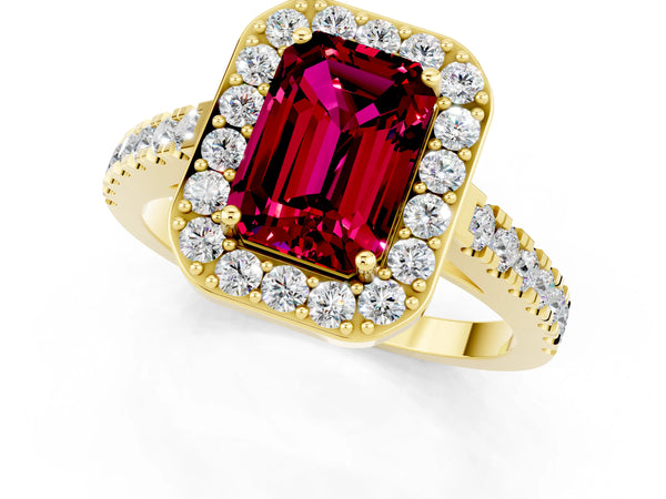 Yellow gold Emerald Cut Garnet Halo Ring with Round Pavé Split Shank and Prong Setting